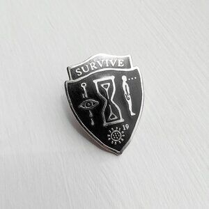 Survive Silver and Black Metal Enamel Shield Pin - Occult, Alchemy, Goth, Witchy